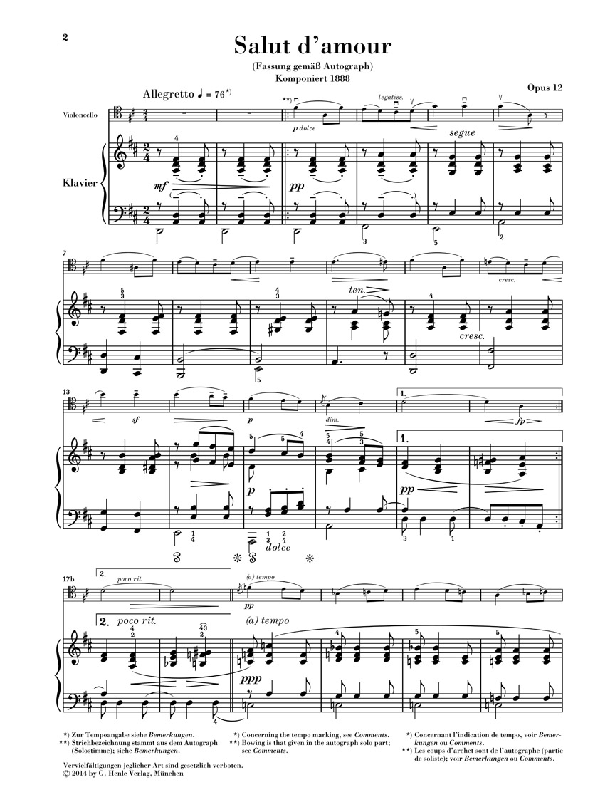 Anderes Coverbild Salut d'amour op. 12 für Violoncello und Klavier