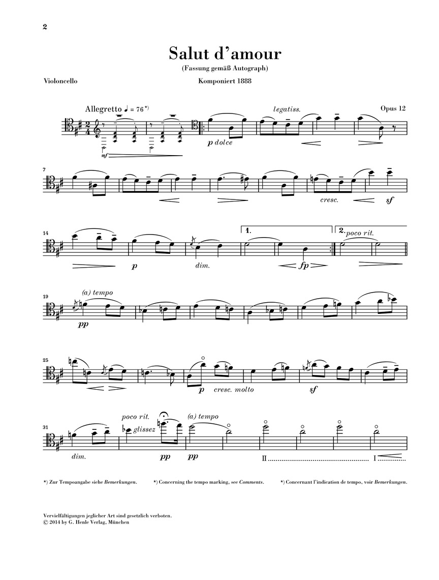 Anderes Coverbild Salut d'amour op. 12 für Violoncello und Klavier