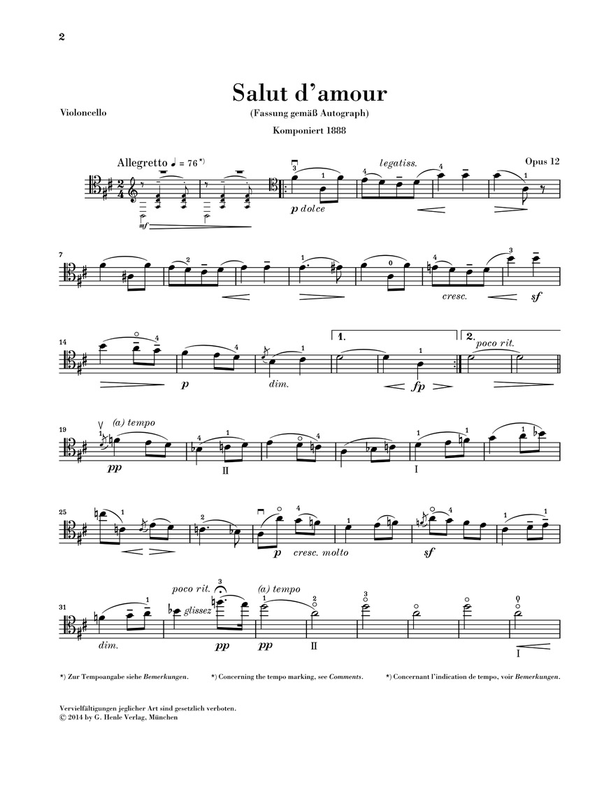 Anderes Coverbild Salut d'amour op. 12 für Violoncello und Klavier