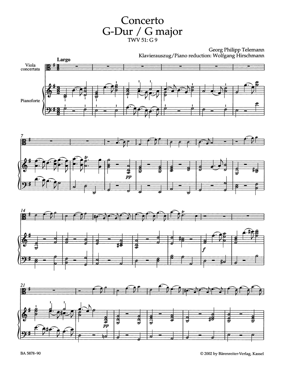 Anderes Coverbild Konzert für Viola, Streicher und Basso continuo G-Dur TWV 51:G9