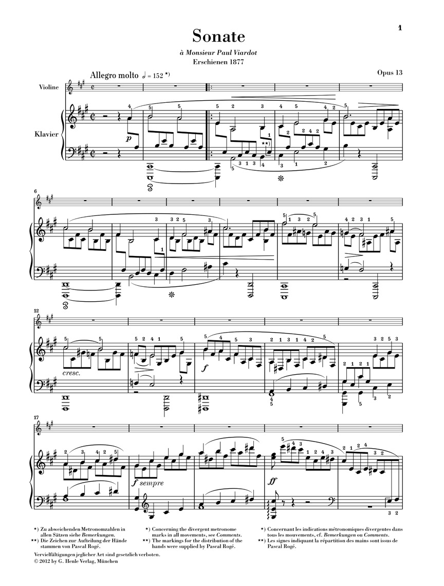 Anderes Coverbild Sonate Nr. 1 A-dur Opus 13 für Violine und Klavier
