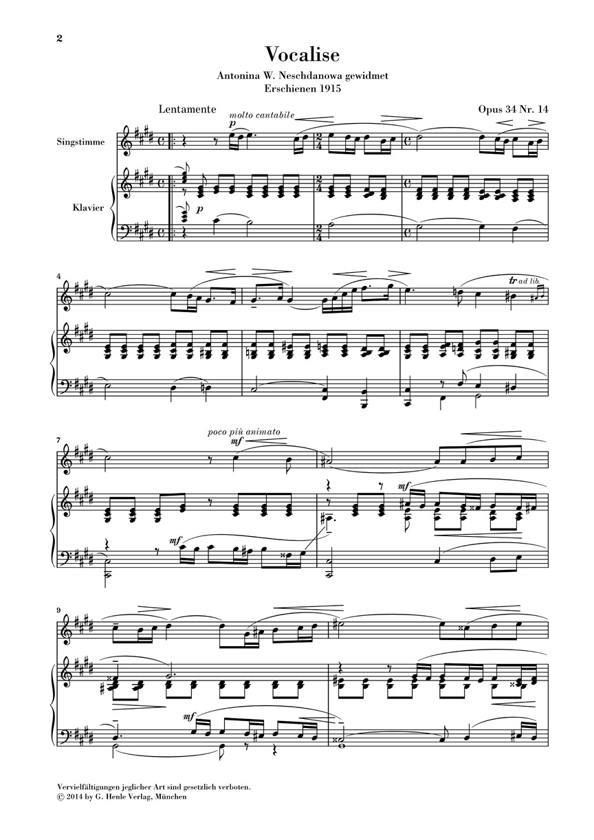 Anderes Coverbild Vocalise op. 34 Nr. 14 für Singstimme und Klavier