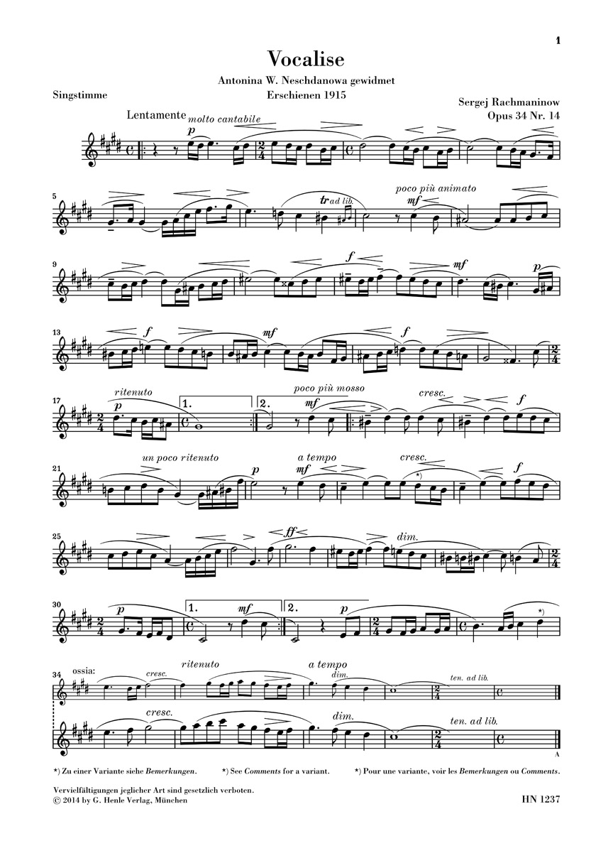Anderes Coverbild Vocalise op. 34 Nr. 14 für Singstimme und Klavier