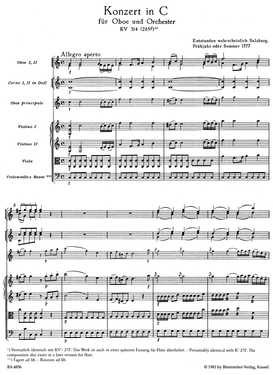 Anderes Coverbild Konzert für Oboe und Orchester C-Dur KV 314 (285d)