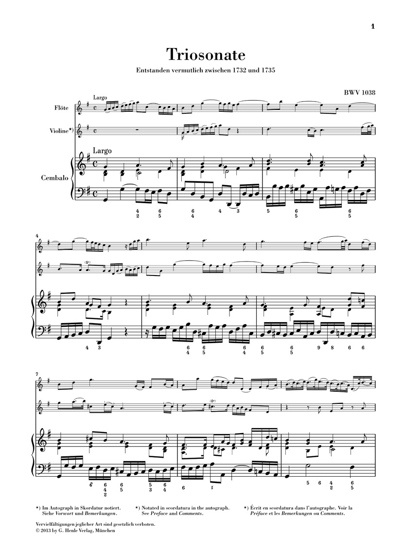 Anderes Coverbild Triosonate für Flöte, Violine und Continuo G-dur BWV 1038