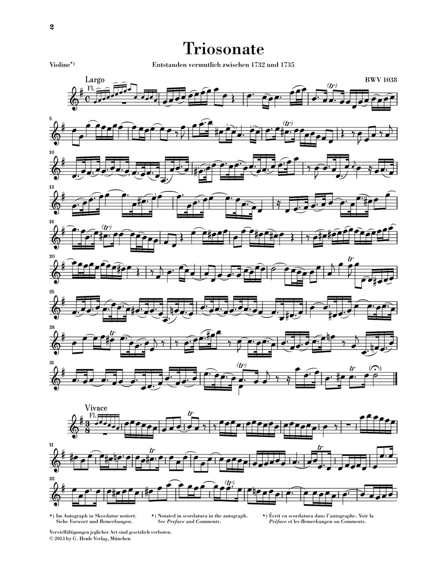 Anderes Coverbild Triosonate für Flöte, Violine und Continuo G-dur BWV 1038