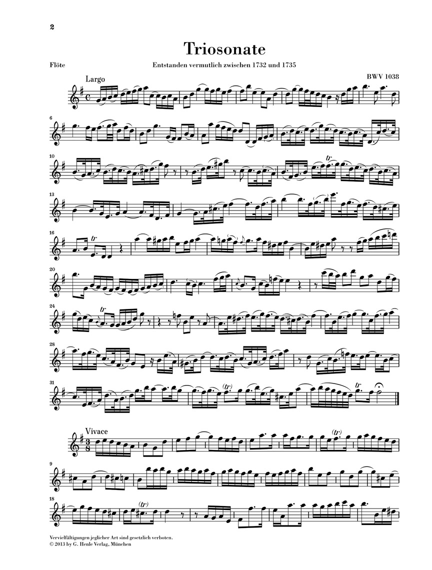 Anderes Coverbild Triosonate für Flöte, Violine und Continuo G-dur BWV 1038