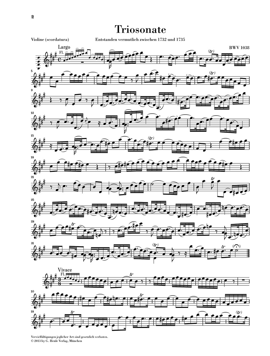 Anderes Coverbild Triosonate für Flöte, Violine und Continuo G-dur BWV 1038