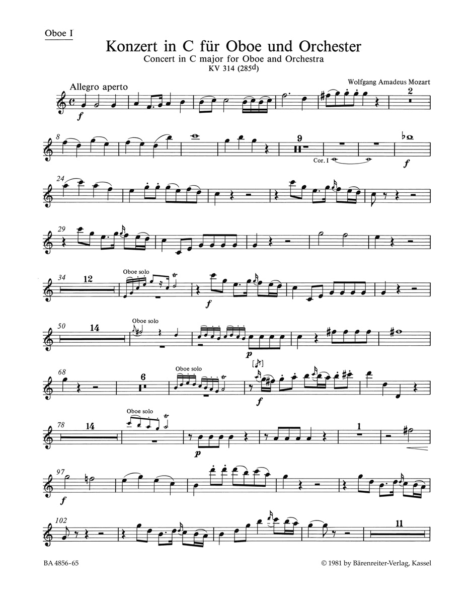 Vorderes Coverbild Konzert für Oboe und Orchester C-Dur KV 314 (285d)