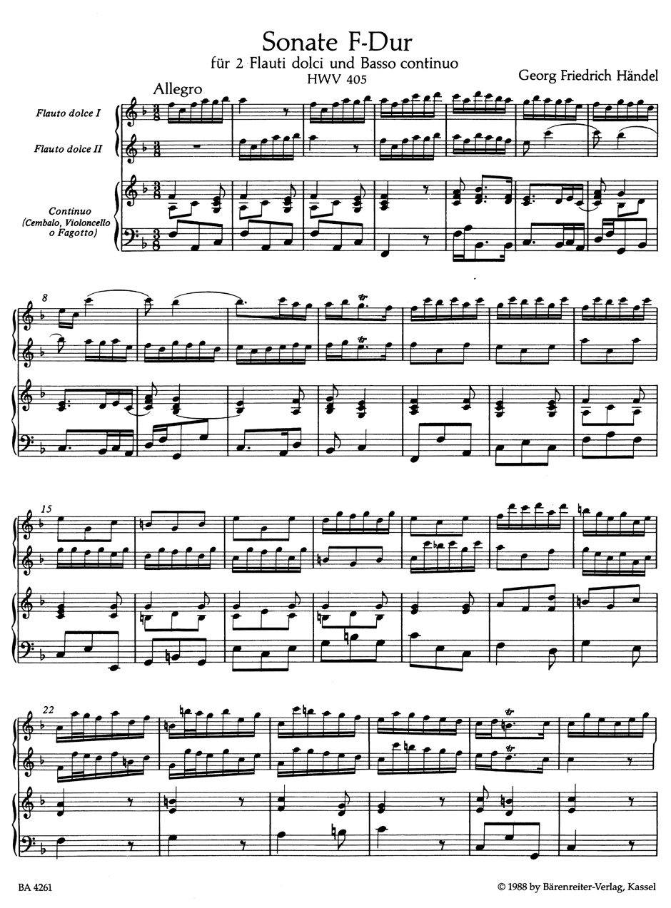 Anderes Coverbild Triosonate für zwei Altblockflöten und Basso continuo F-Dur HWV 405