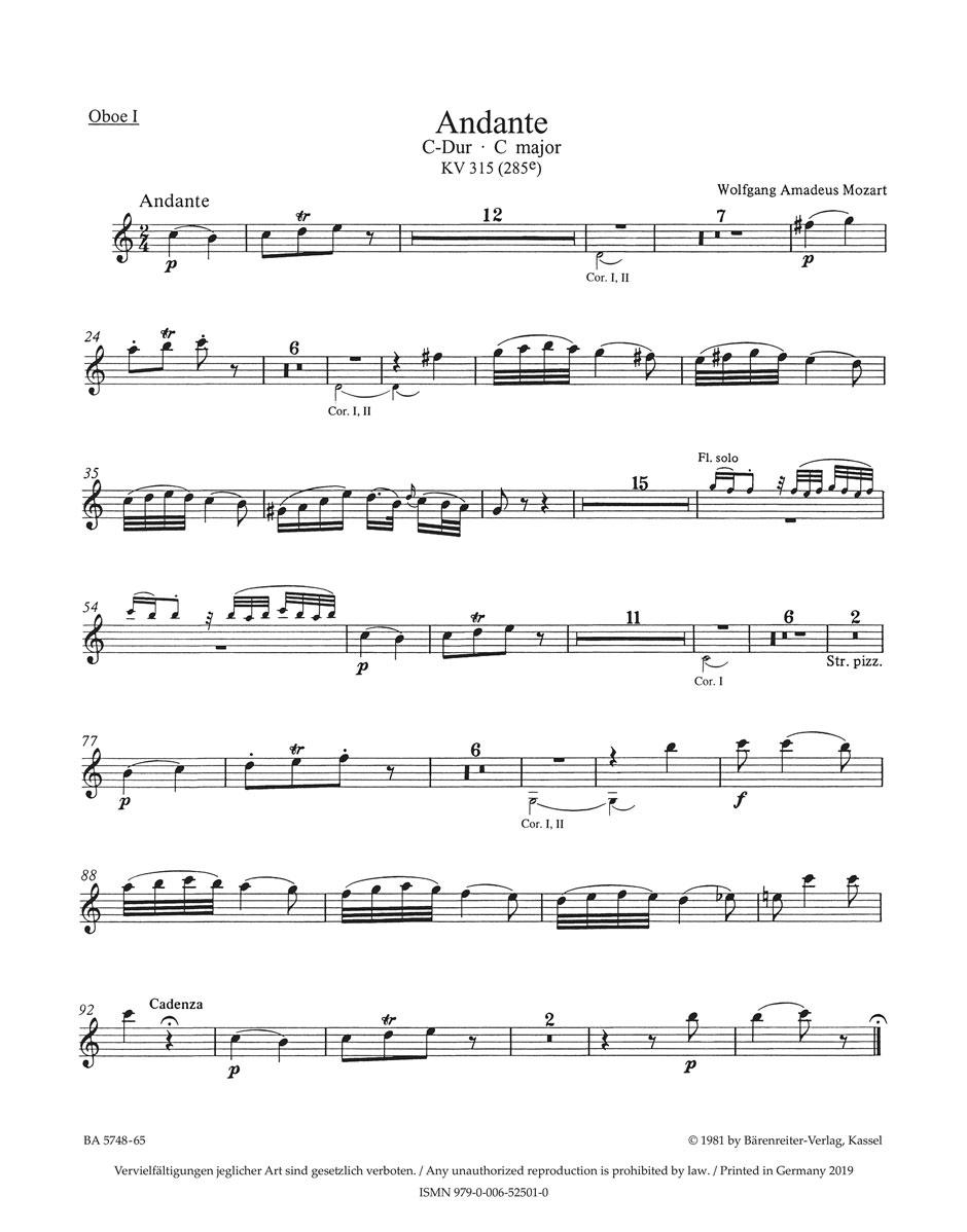 Vorderes Coverbild Andante für Flöte und Orchester C-Dur KV 315 (285e)