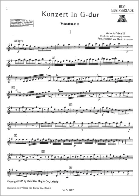 Vorderes Coverbild Konzert für Violine, Streicher und Basso continuo G-Dur op. 3/3 RV 310 PV 96