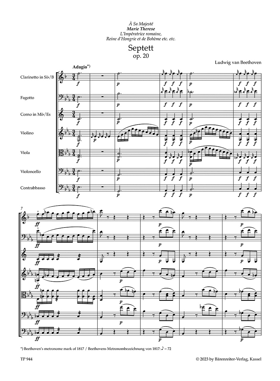 Anderes Coverbild Septett für Klarinette, Fagott, Horn, Violine, Viola, Violoncello und Kontrabass in Es op. 20