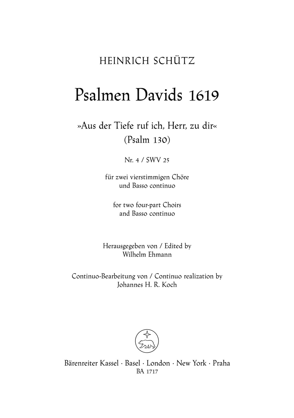 Vorderes Coverbild "Aus der Tiefe rufe ich, Herr, zu dir" für zwei vierstimmige Chöre und Basso continuo SWV 25