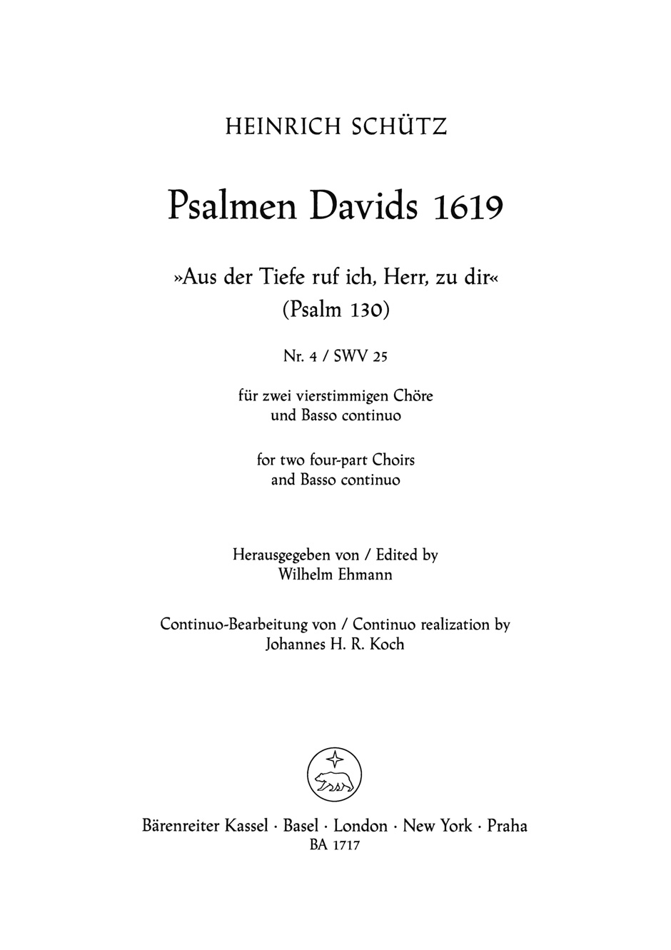 Vorderes Coverbild "Aus der Tiefe rufe ich, Herr, zu dir" für zwei vierstimmige Chöre und Basso continuo SWV 25