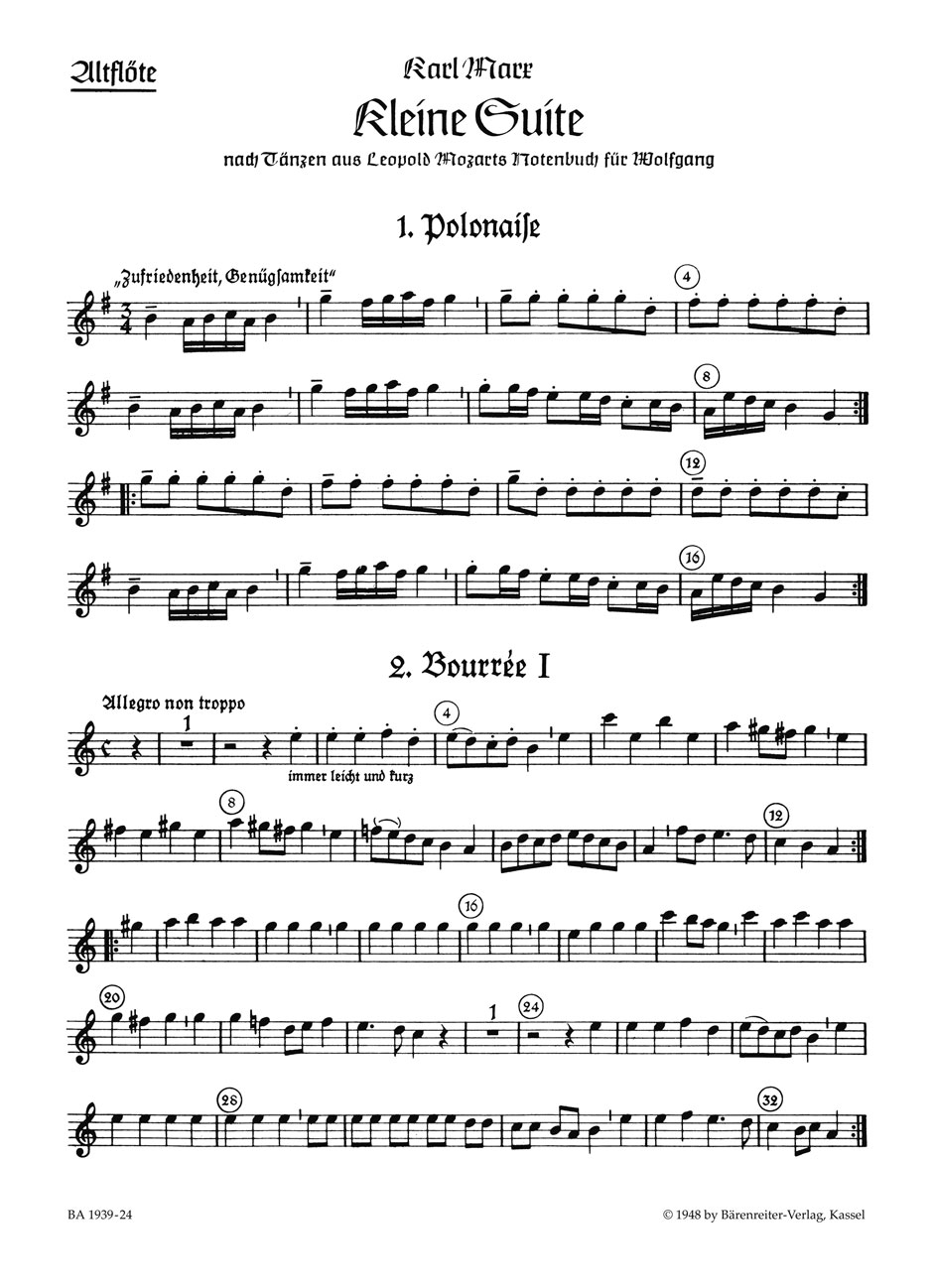 Vorderes Coverbild Kleine Suite nach Tänzen aus Leopold Mozarts Notenbuch für Wolfgang für Blockflötenquartett, Streichquartett oder andere Instrumente