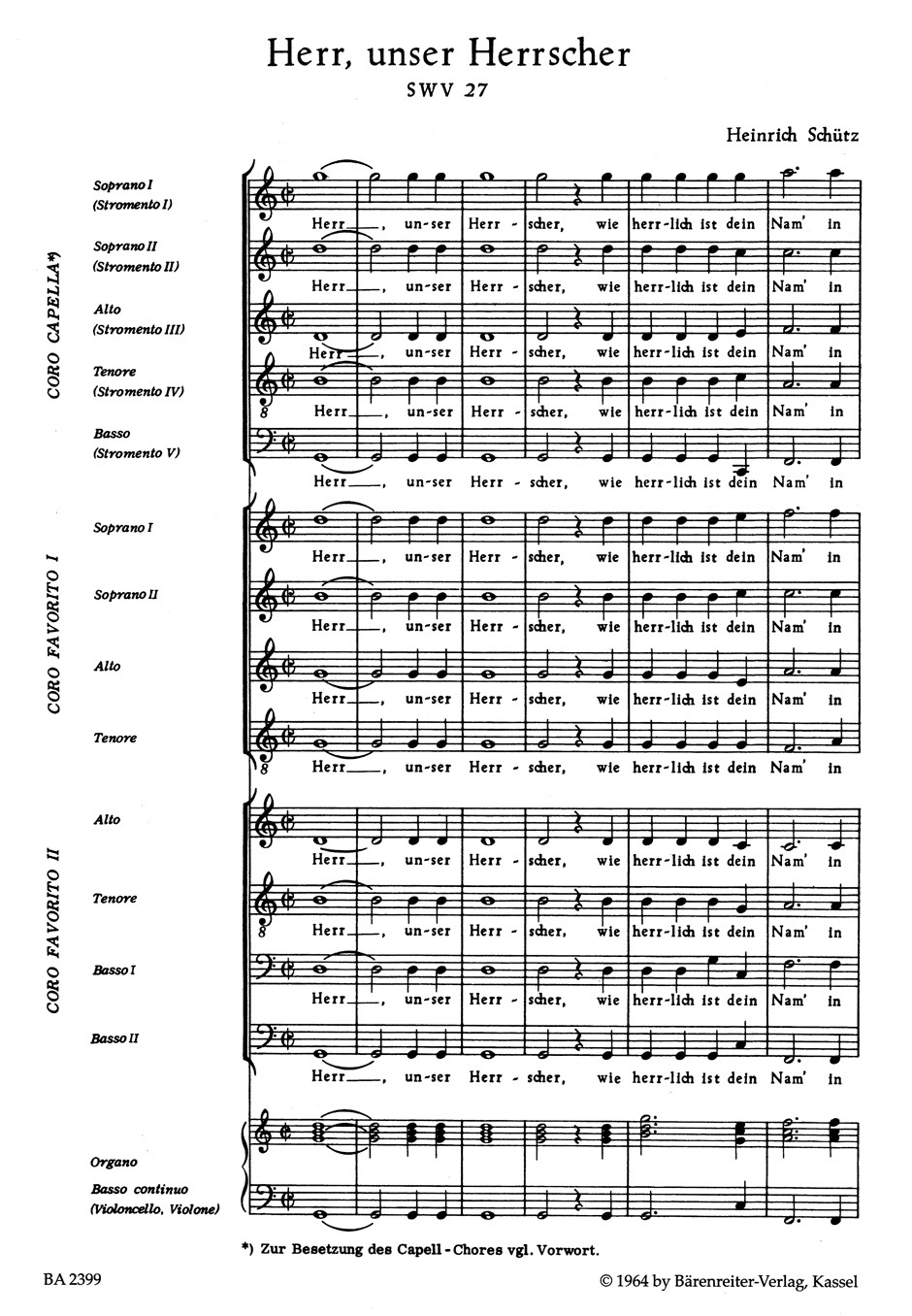 Anderes Coverbild "Herr, unser Herrscher" für zwei vierstimmige Chöre, fünfstimmige Instrumental-Capella ad lib. und Basso continuo SWV 27
