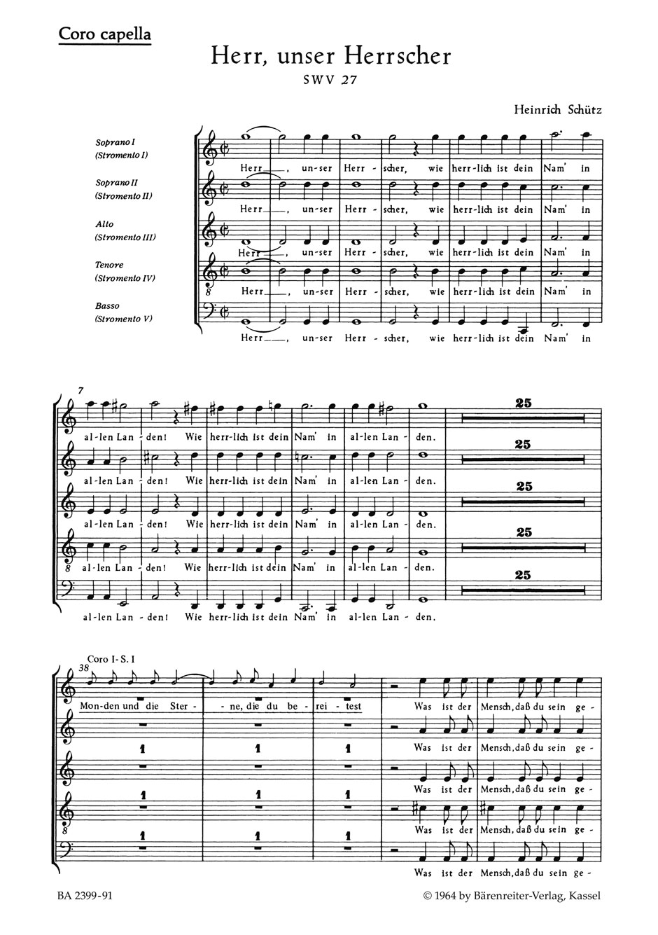 Vorderes Coverbild "Herr, unser Herrscher" für zwei vierstimmige Chöre, fünfstimmige Instrumental-Capella ad lib. und Basso continuo SWV 27