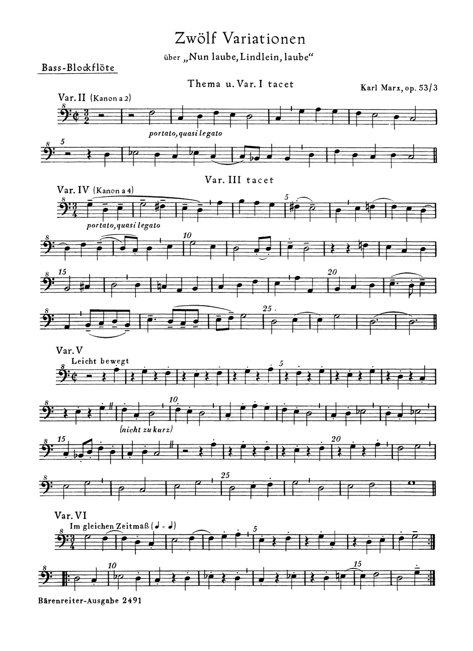 Anderes Coverbild 12 Variationen über "Nun laube, Lindlein, laube" für Blockflötenquartett oder andere Instrumente op. 53/3 (1954)