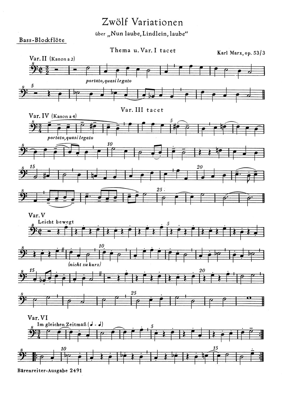 Vorderes Coverbild 12 Variationen über "Nun laube, Lindlein, laube" für Blockflötenquartett oder andere Instrumente op. 53/3 (1954)