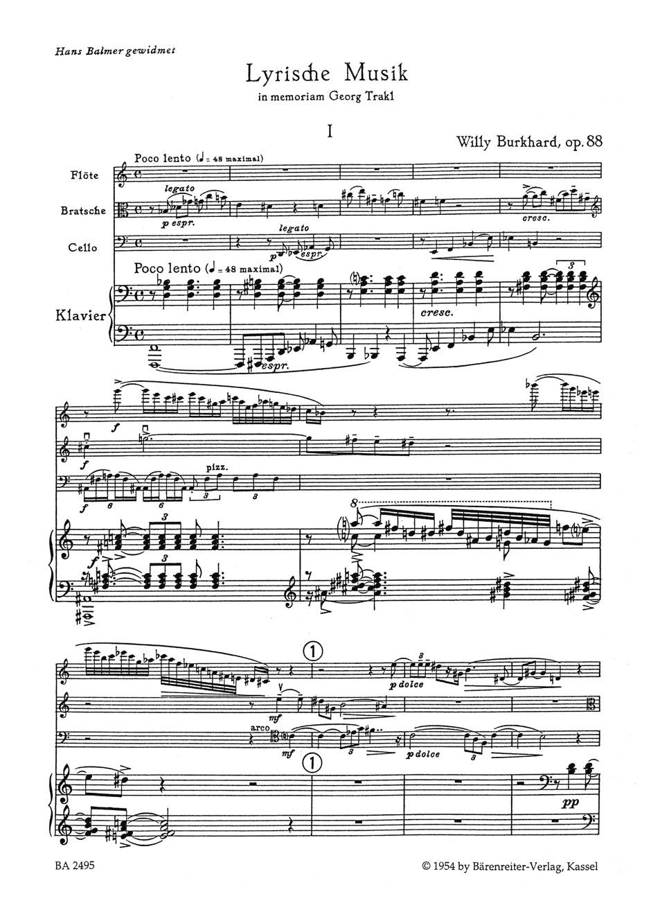 Anderes Coverbild Lyrische Musik in memoriam Georg Trakl für vier Instrumente (Flöte, Bratsche, Violoncello und Klavier) op. 88 (1949/1951)