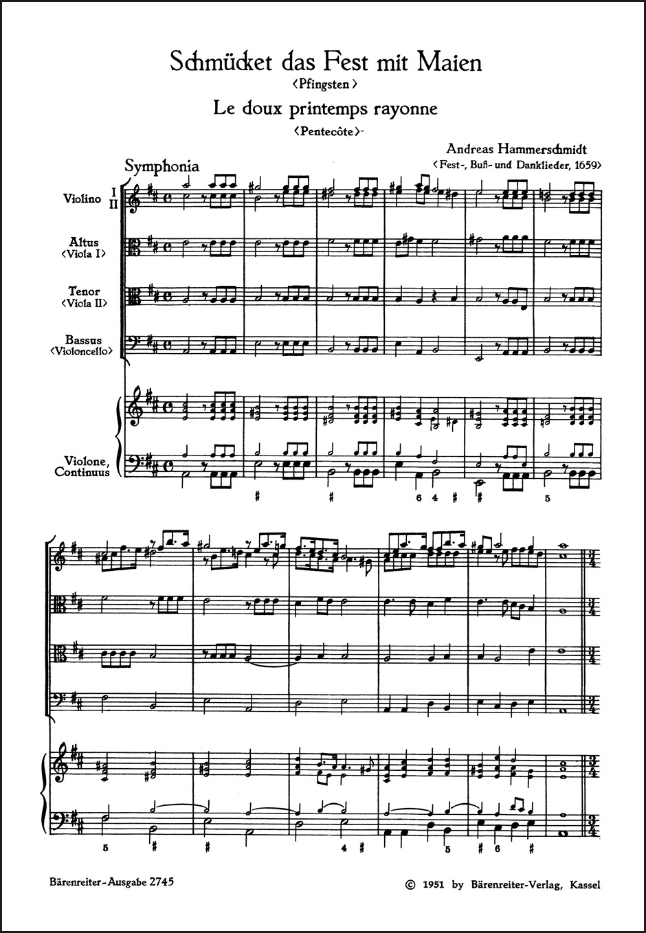 Anderes Coverbild Schmücket das Fest mit Maien - Le doux printemps rayonne für fünfstimmigen gemischten Chor, vier Instrumente und Basso continuo (1659)