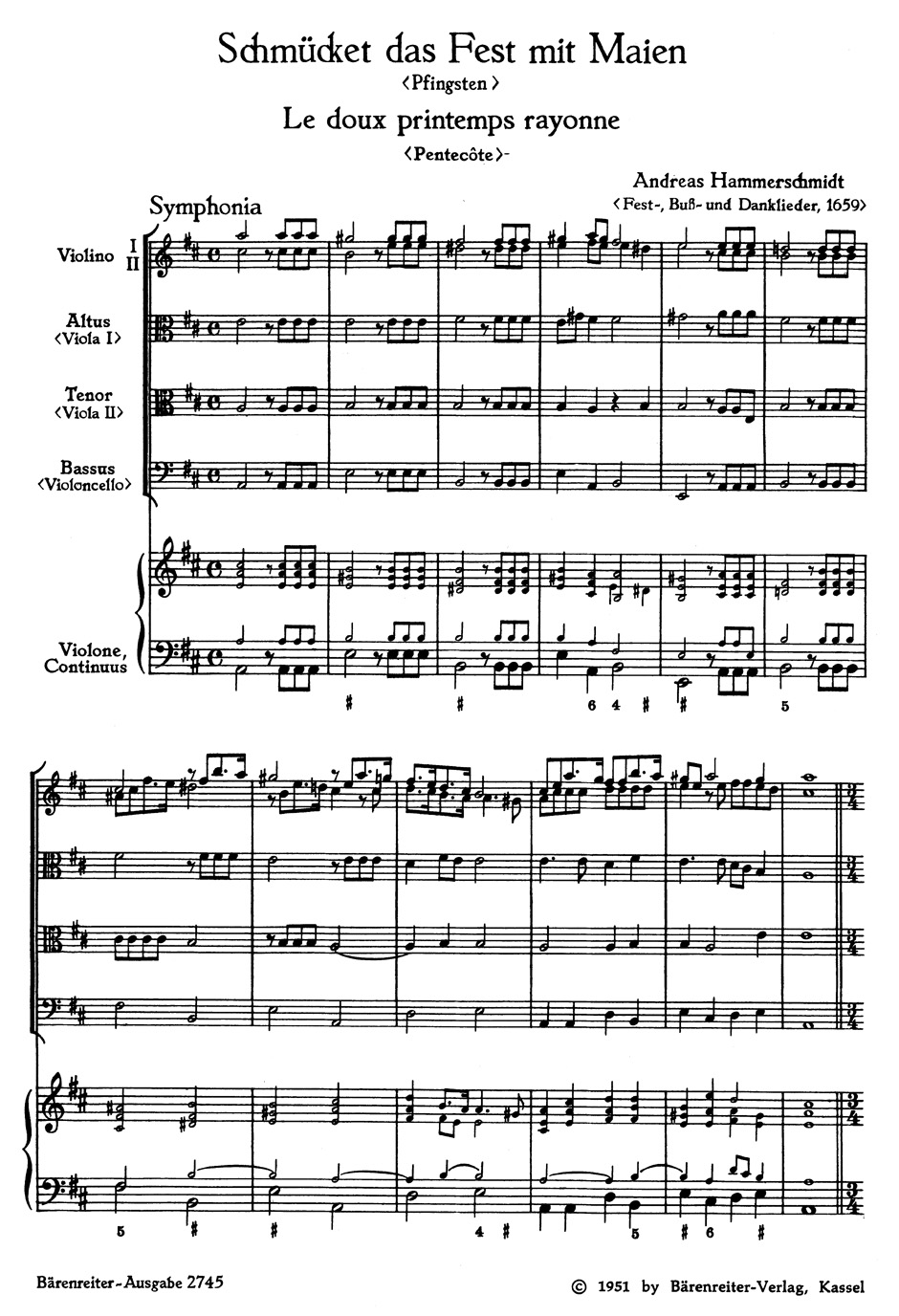 Vorderes Coverbild Schmücket das Fest mit Maien - Le doux printemps rayonne für fünfstimmigen gemischten Chor, vier Instrumente und Basso continuo (1659)