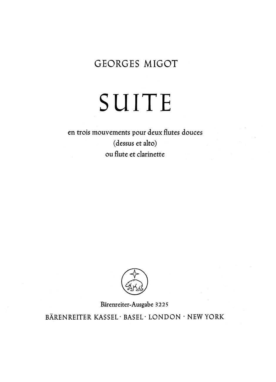 Vorderes Coverbild Suite en trois mouvements pour deux flutes douces (dessus et alto) ou flute et clarinette