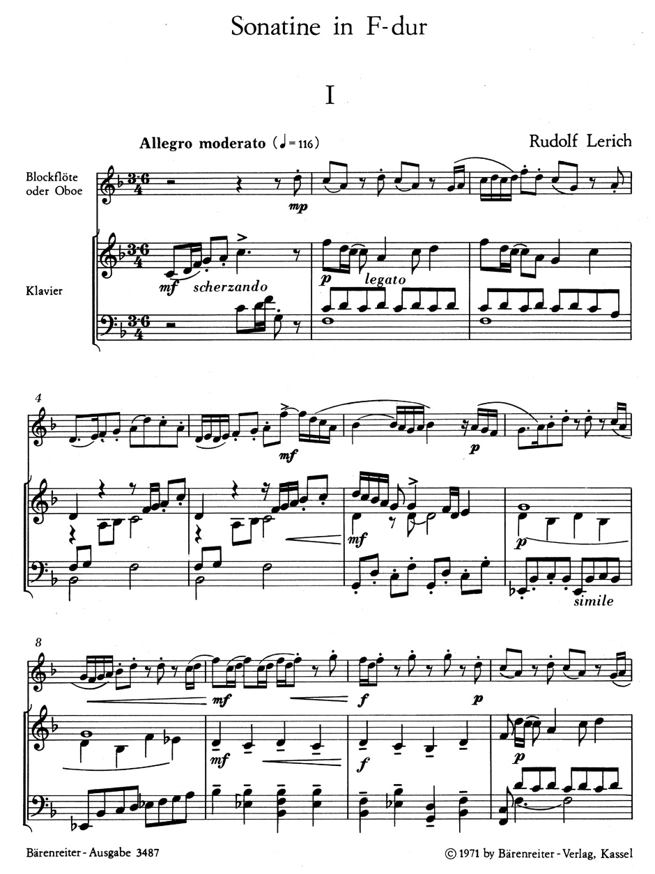 Anderes Coverbild Sonatine für Blockflöte oder Oboe und Klavier F-Dur (1970)