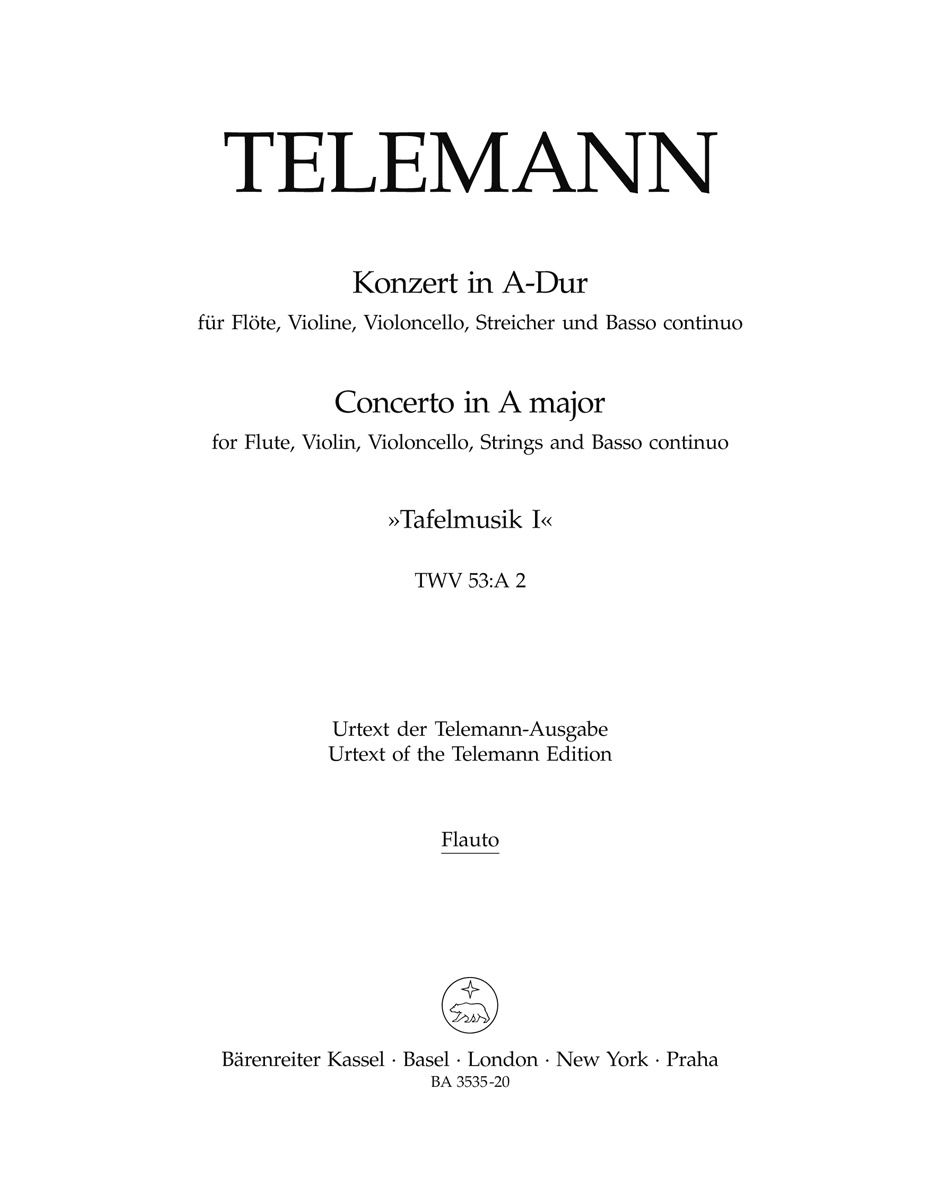 Vorderes Coverbild Konzert für Flöte, Violine, Violoncello, Streicher und Basso continuo A-Dur TWV 53:A2