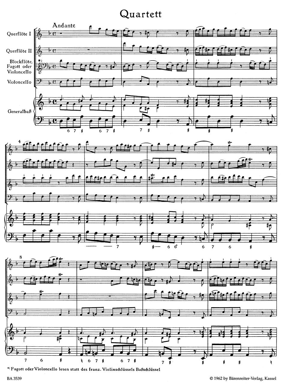 Anderes Coverbild Quartett für zwei Querflöten, Blockflöte (Fagott, Violoncello), Violoncello und Basso continuo d-Moll TWV 43:d1