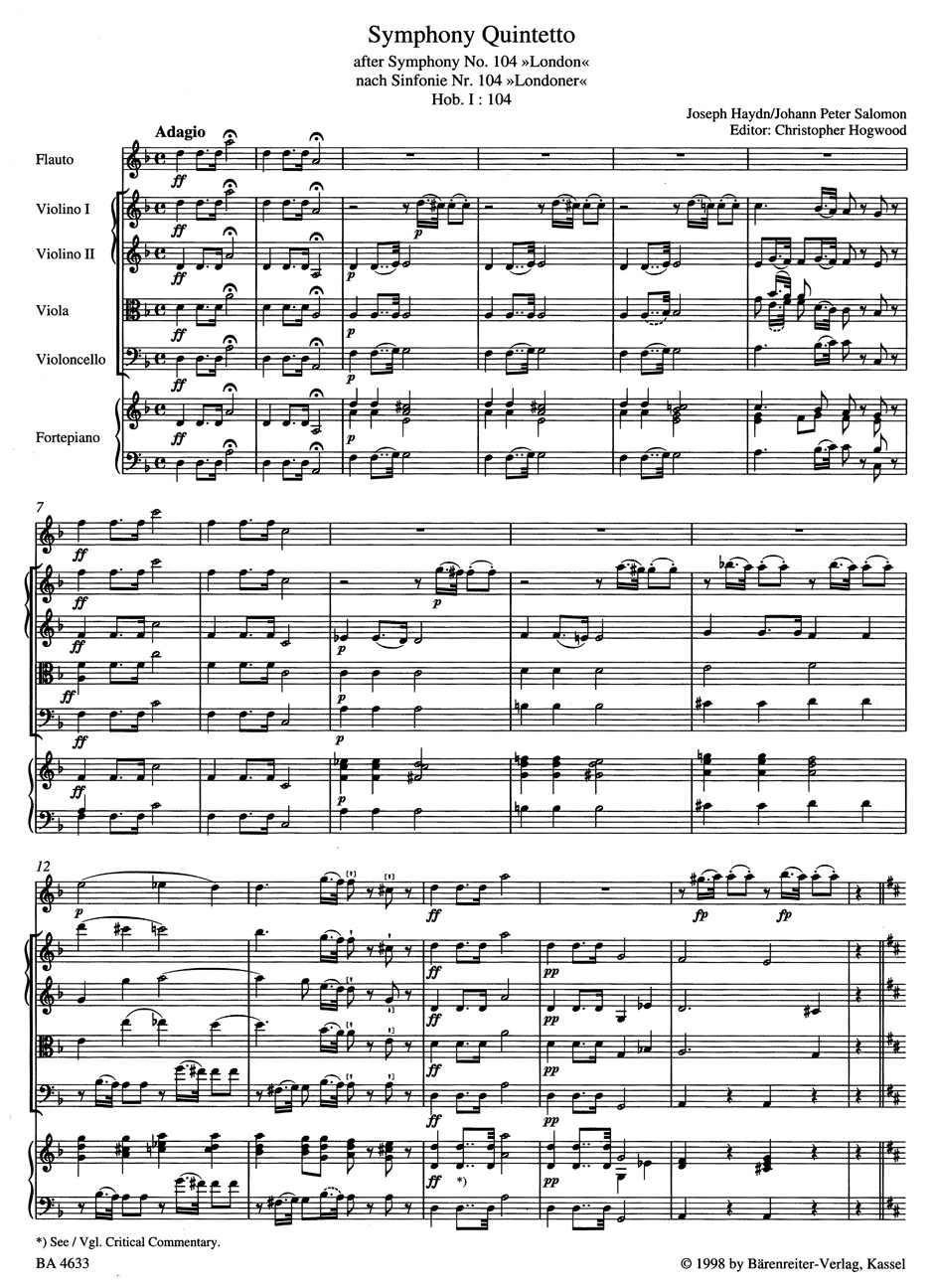 Anderes Coverbild Symphony Quintetto für Flöte, Streichquartett und Klavier ad libitum D-Dur Hob. I:104
