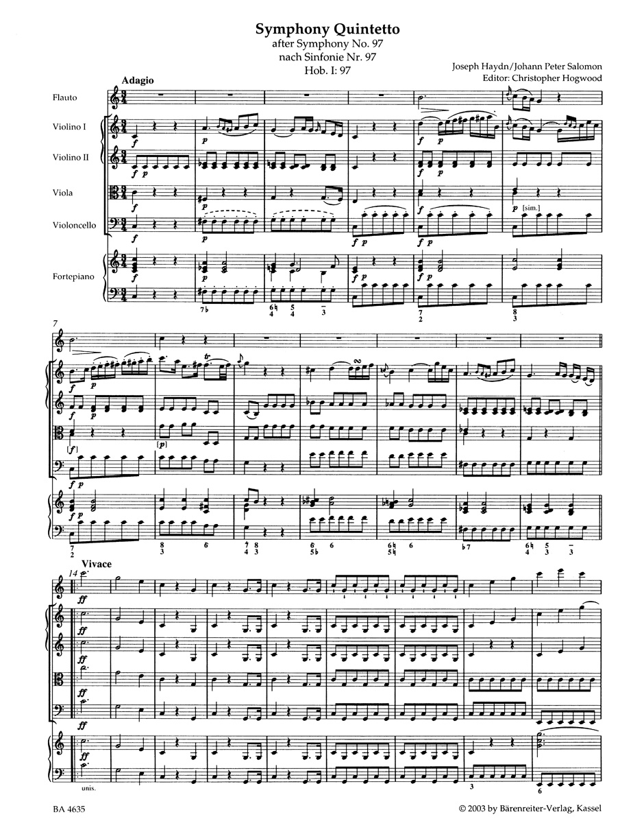 Anderes Coverbild Symphony Quintetto für Flöte, Streichquartett und Klavier ad libitum C-Dur Hob. I:97