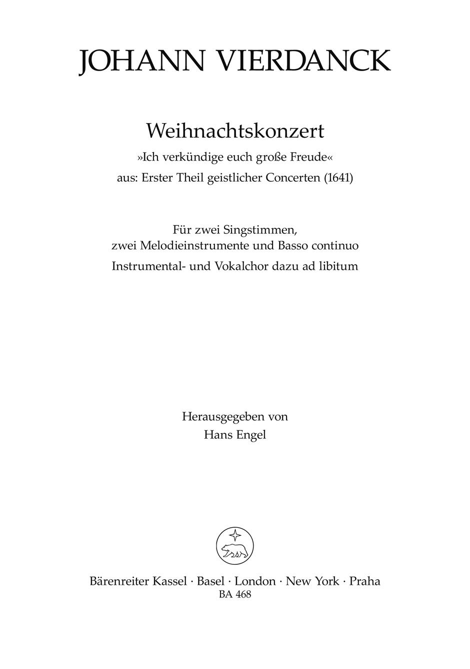 Vorderes Coverbild Weihnachtskonzert "Ich verkündige euch große Freude" für zwei Singstimmen, zwei Melodieinstrumente und Basso continuo, Instrumental- und Vokalchor dazu ad libitum