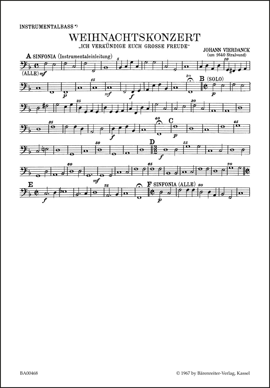 Vorderes Coverbild Weihnachtskonzert "Ich verkündige euch große Freude" für zwei Singstimmen, zwei Melodieinstrumente und Basso continuo, Instrumental- und Vokalchor dazu ad libitum