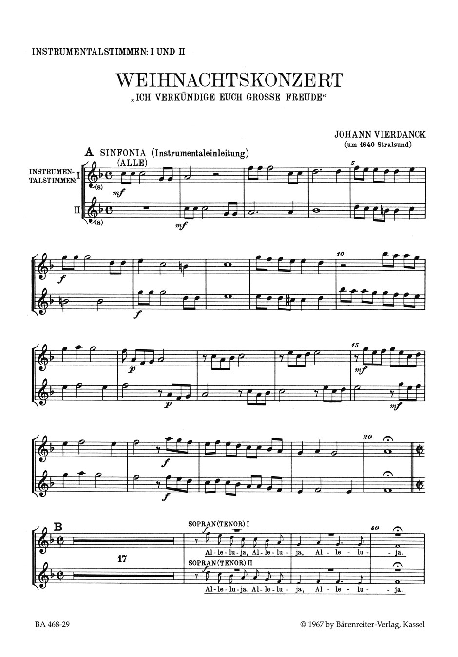 Vorderes Coverbild Weihnachtskonzert "Ich verkündige euch große Freude" für zwei Singstimmen, zwei Melodieinstrumente und Basso continuo, Instrumental- und Vokalchor dazu ad libitum