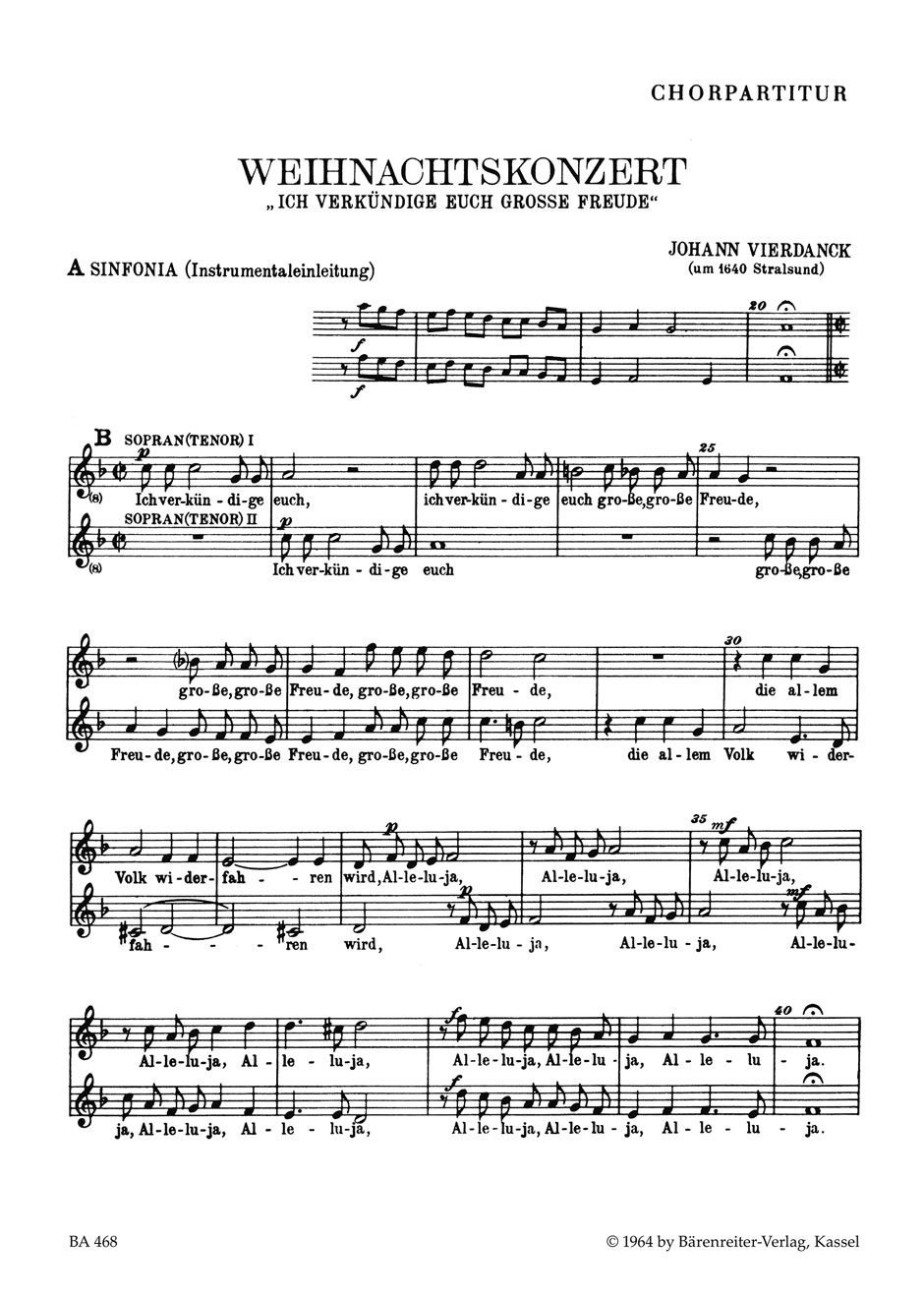 Vorderes Coverbild Weihnachtskonzert "Ich verkündige euch große Freude" für zwei Singstimmen, zwei Melodieinstrumente und Basso continuo, Instrumental- und Vokalchor dazu ad libitum