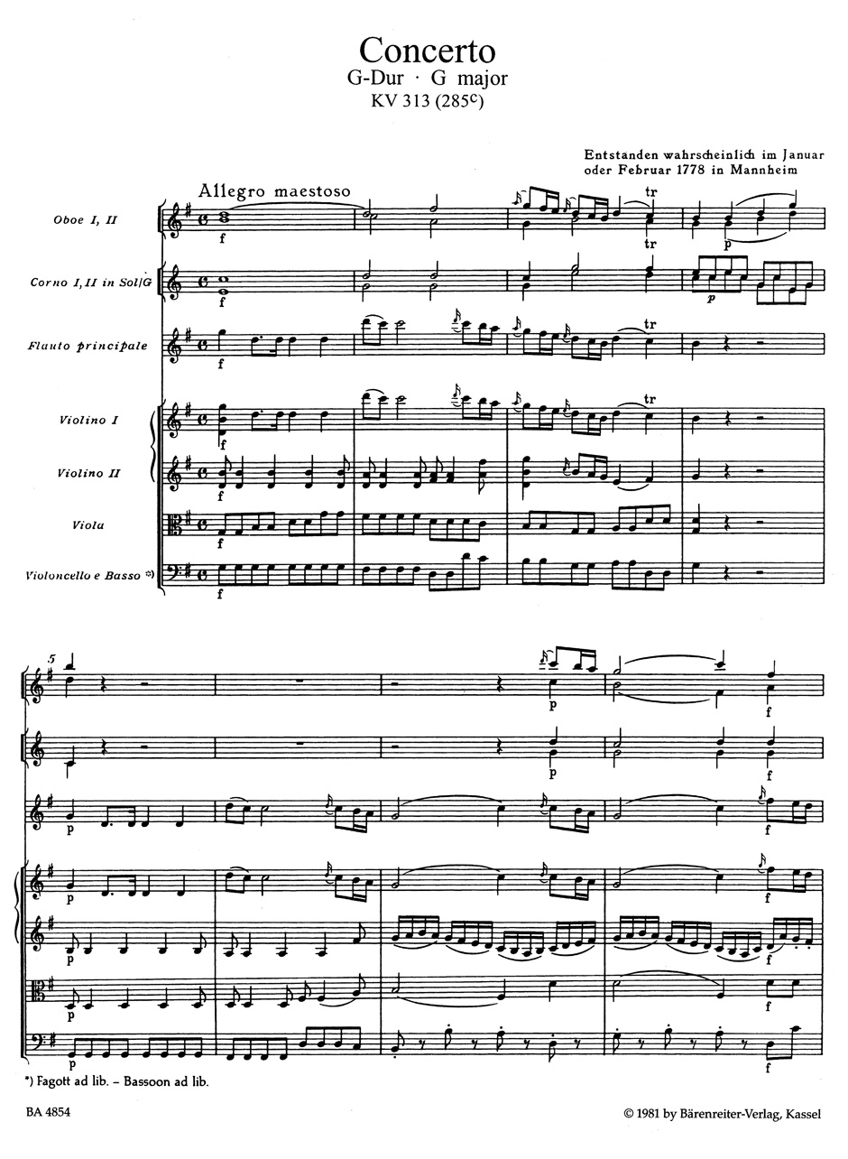Anderes Coverbild Konzert für Flöte und Orchester G-Dur KV 313 (285c)