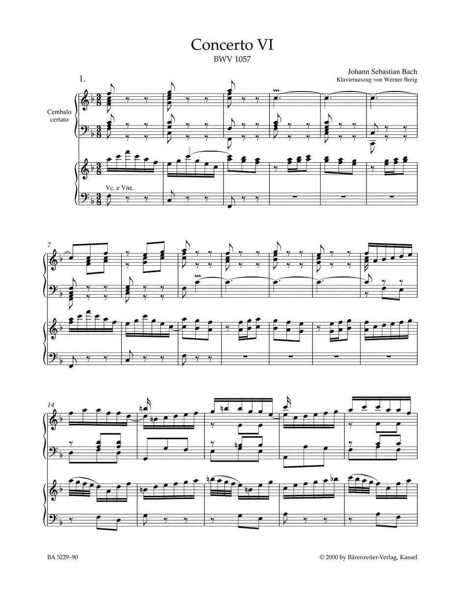 Anderes Coverbild Concerto für Cembalo, zwei Blockflöten und Streicher Nr. 6 F-Dur BWV 1057