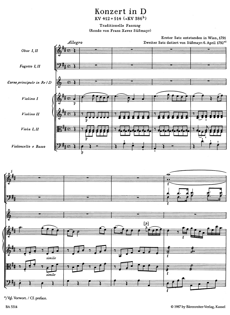 Anderes Coverbild Konzert für Horn und Orchester Nr. 1 D-Dur KV 412, 514 (386b)