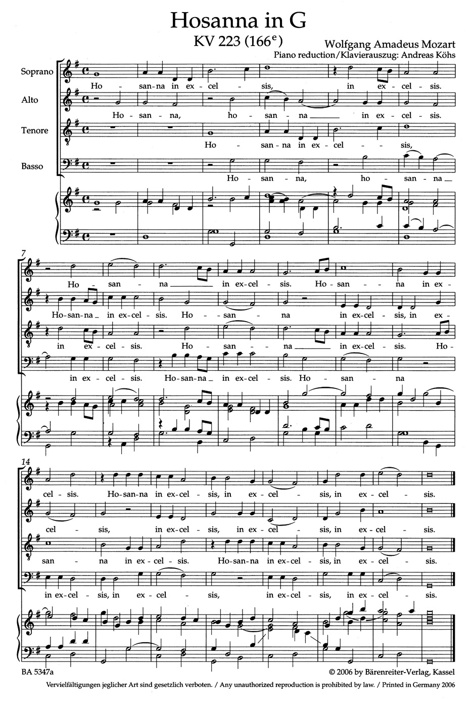 Vorderes Coverbild Hosanna G-Dur KV 223 (166e)