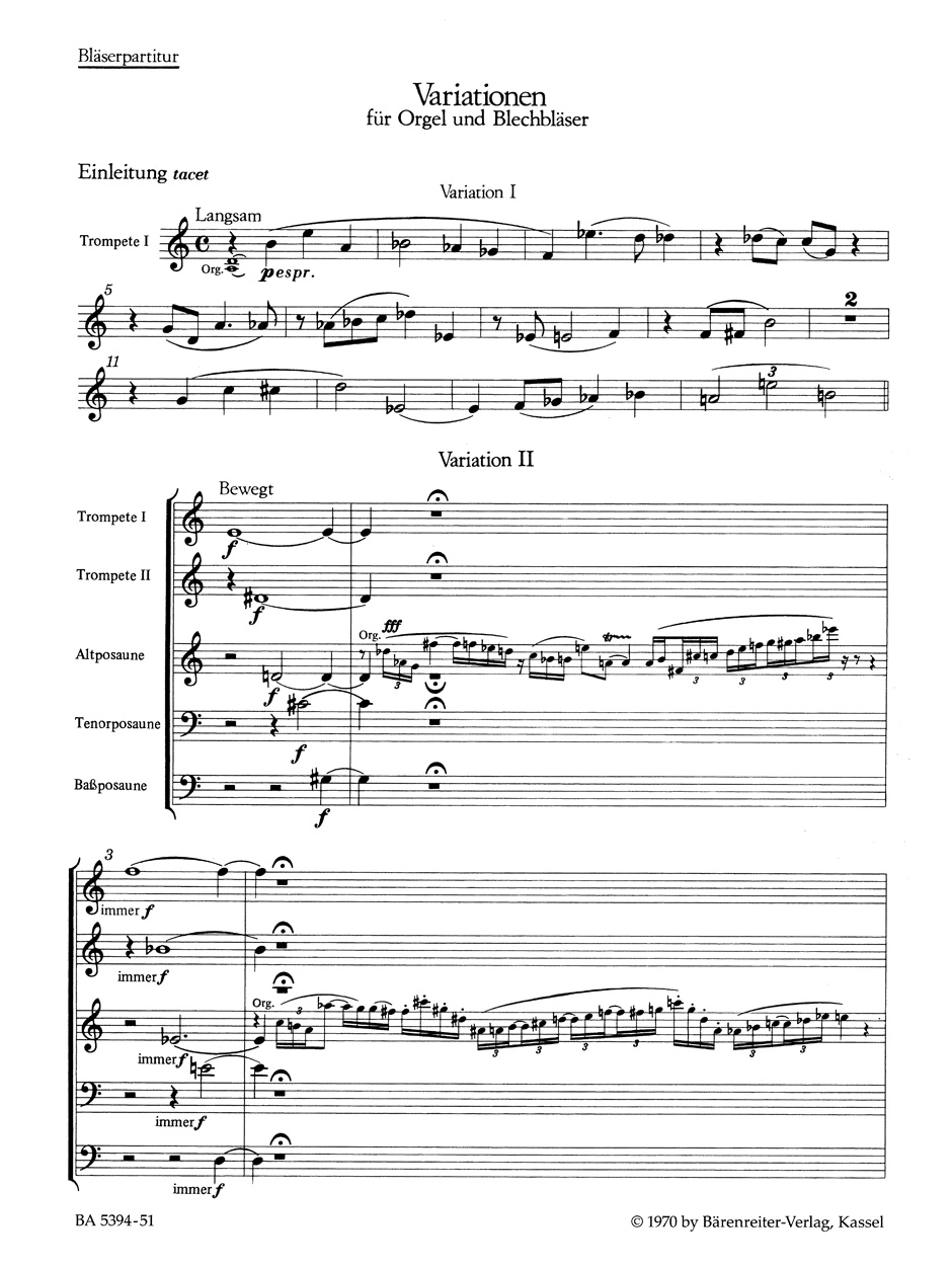 Anderes Coverbild Variationen für Orgel und Blechbläserchor (zwei Trompeten und Alt-, Tenor-, Bassposaune) (1968)