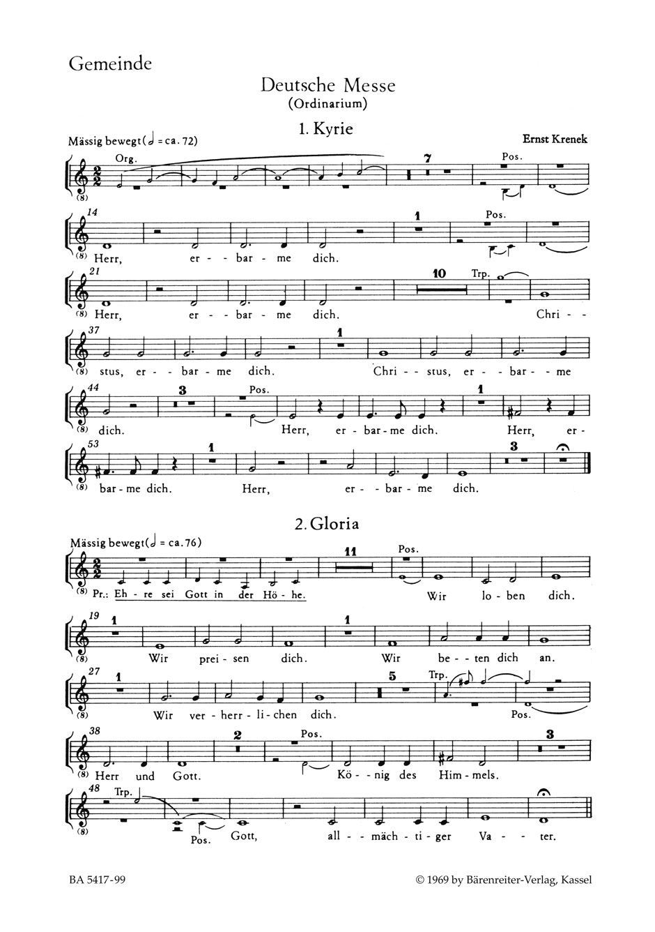Vorderes Coverbild Deutsche Messe für Chor, Gemeinde und Instrumente (1968)