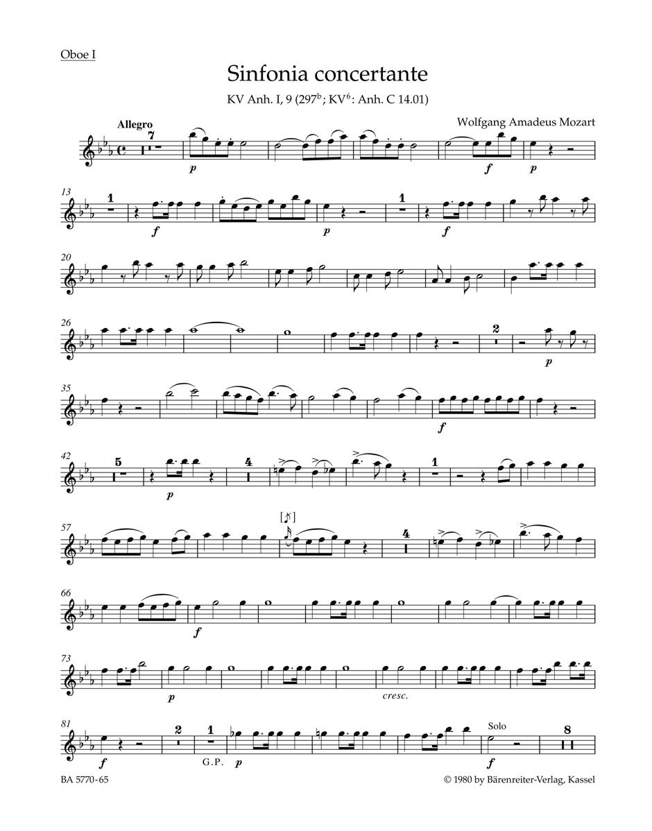 Vorderes Coverbild Sinfonia concertante für Oboe, Klarinette, Horn, Fagott und Orchester Es-Dur KV Anh. I,9 (297b)