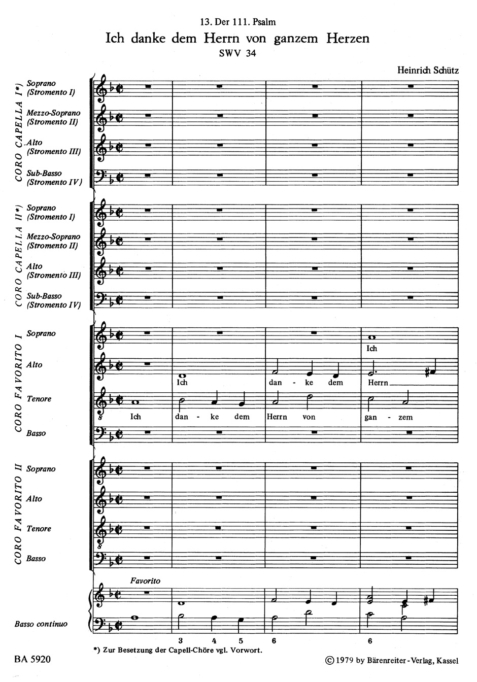 Anderes Coverbild "Ich danke dem Herrn von ganzem Herzen" für zwei vierstimmige Favorit-. zwei vierstimmige Capell-Chöre und Basso continuo SWV 34