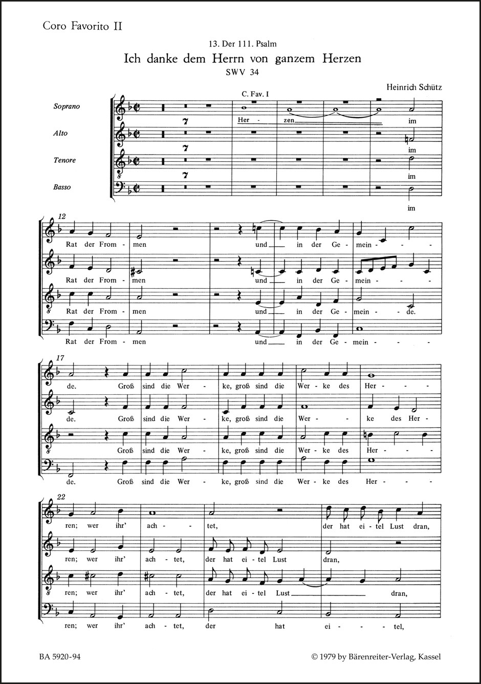 Vorderes Coverbild "Ich danke dem Herrn von ganzem Herzen" für zwei vierstimmige Favorit-. zwei vierstimmige Capell-Chöre und Basso continuo SWV 34