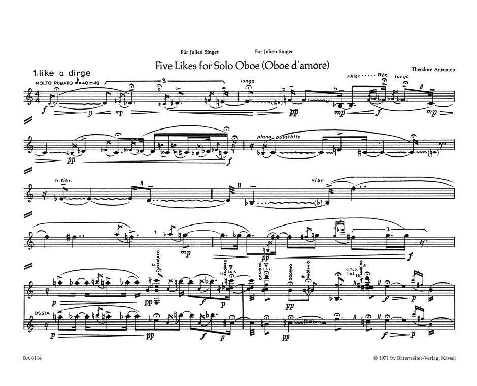 Anderes Coverbild Five Likes für Oboe solo (Oboe d'amore) (1969)