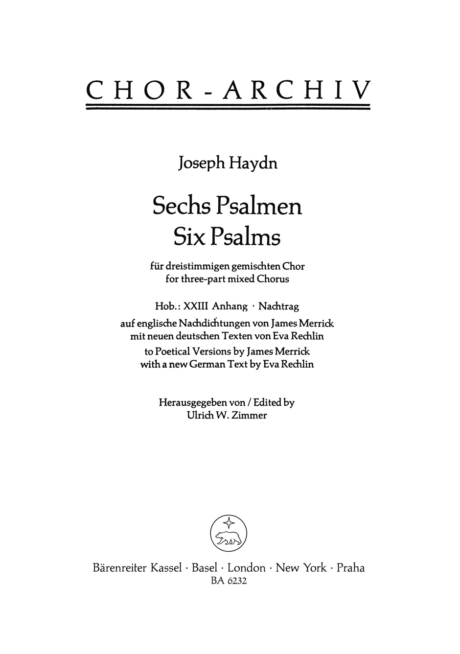 Vorderes Coverbild Sechs Psalmen Hob. XXIII:Anh.