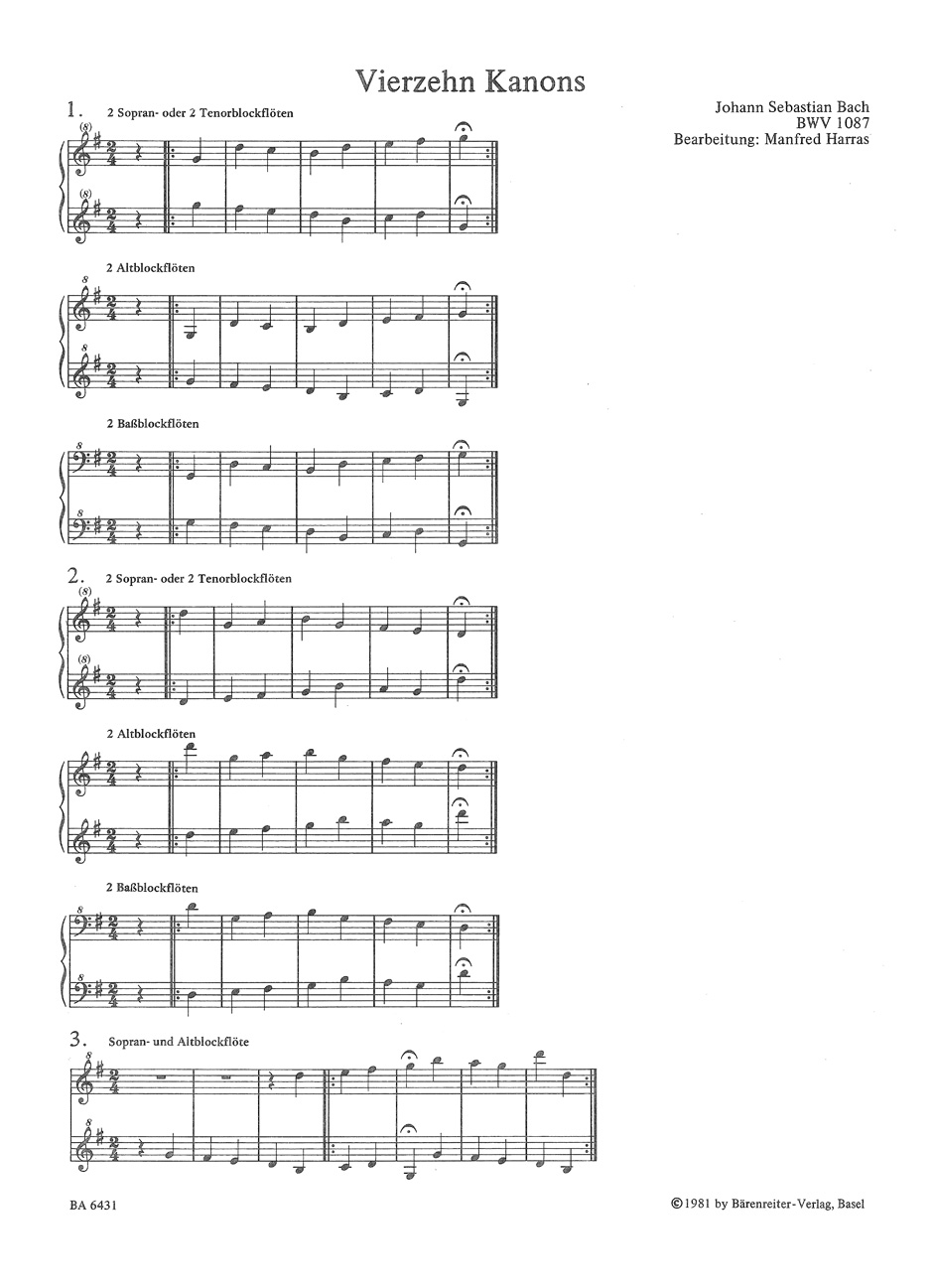 Anderes Coverbild Vierzehn Kanons über die ersten acht Fundamentalnoten der Aria aus den "Goldberg-Variationen" für zwei bis sechs Blockflöten BWV 1087