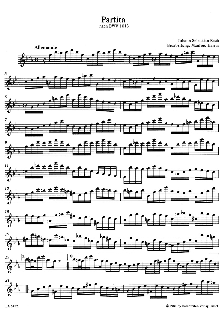 Anderes Coverbild Partita für Altblockflöte solo c-Moll (original a-Moll) BWV 1013
